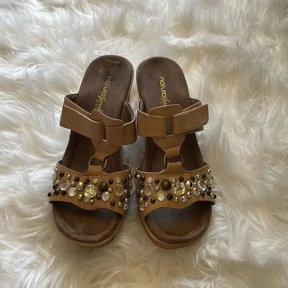 Natural Soul Tan Cream gemstone slip on sandals with Velcro side …